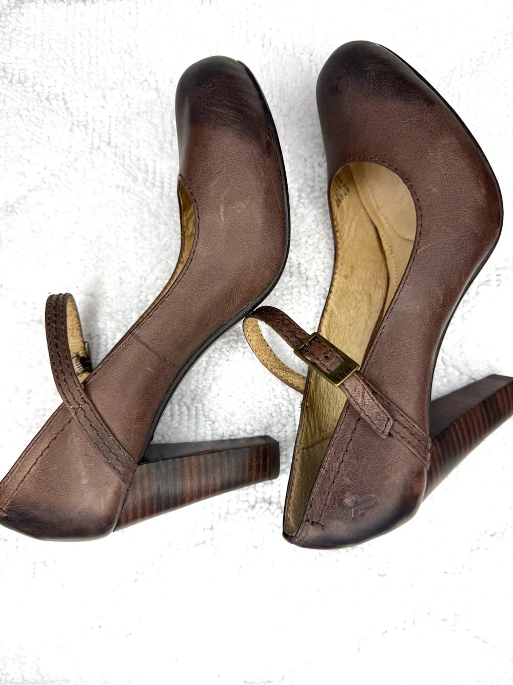 Frye Miranda Mary Jane Pumps Brown Leather Block Heels Womens 6.5 M
